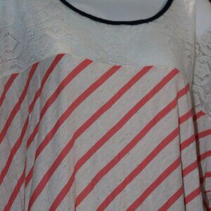 Marianne Polyester/Rayon Blend Lace Shoulder Blouse Coral Stripe w/ N Blue S,M,L